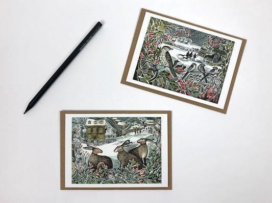 Winter Notecards - Holly Hedge & We Three Hares