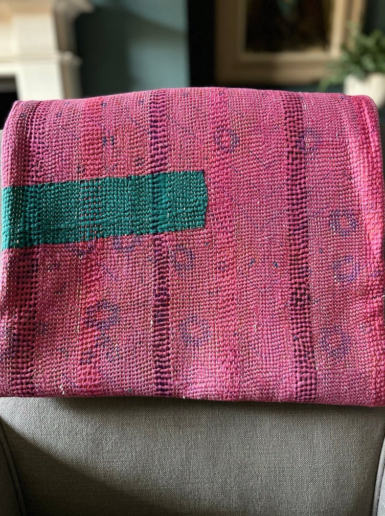Vintage Indian Kantha Throw Pink & Green