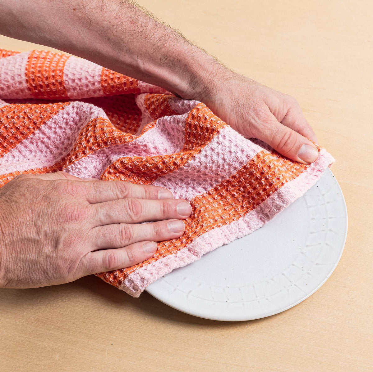 Cotton Waffle Tea Towel 2 Pack: Striped Pink