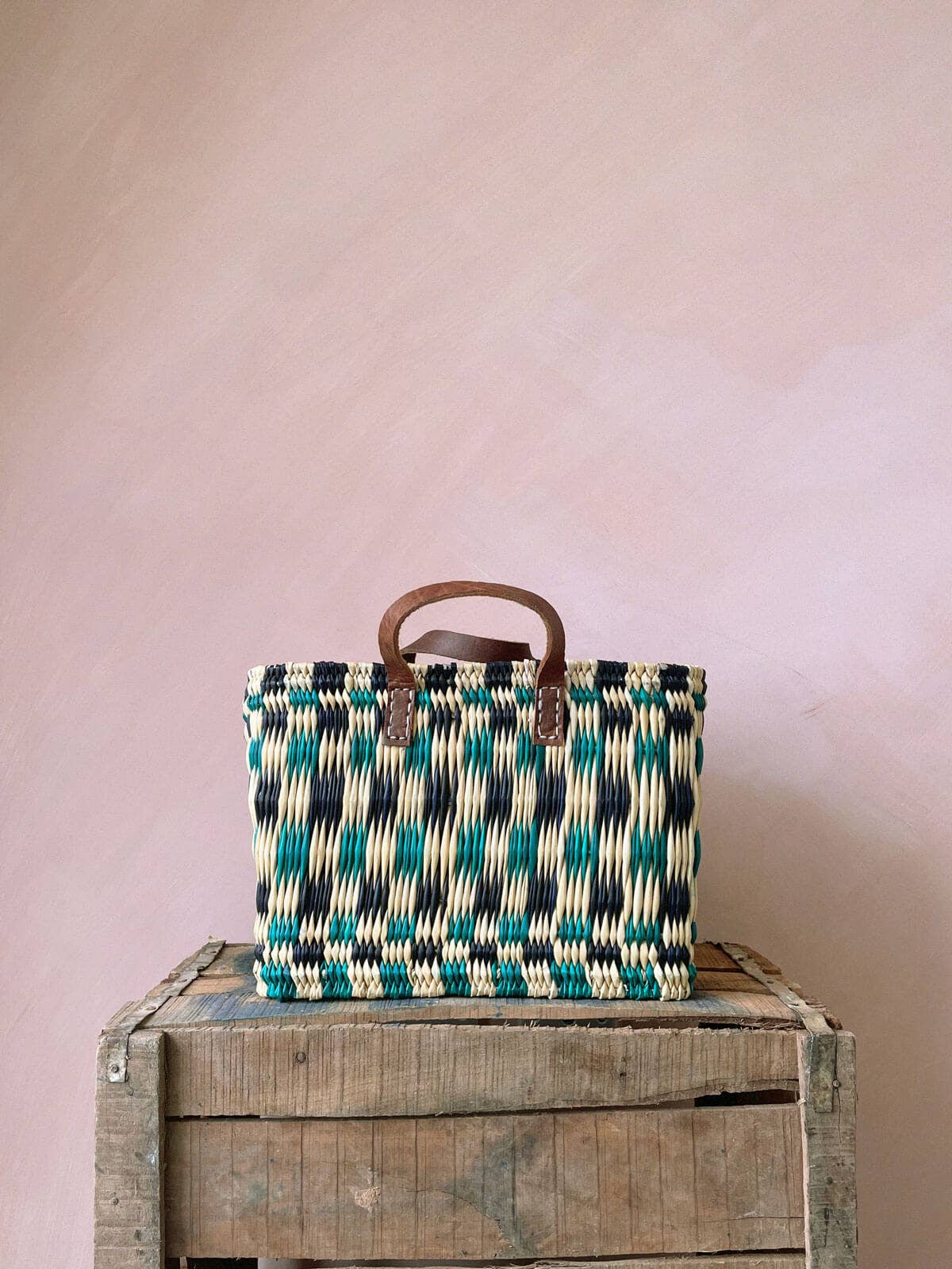 Chequered Reed Basket, Indigo + Green - Assorted