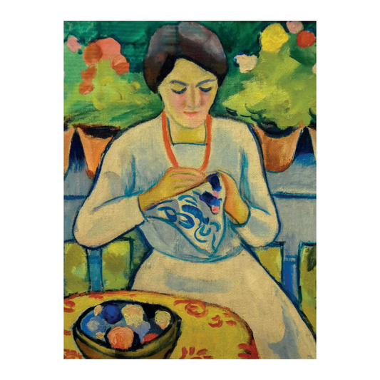 Card Woman Embroidering on Balcony