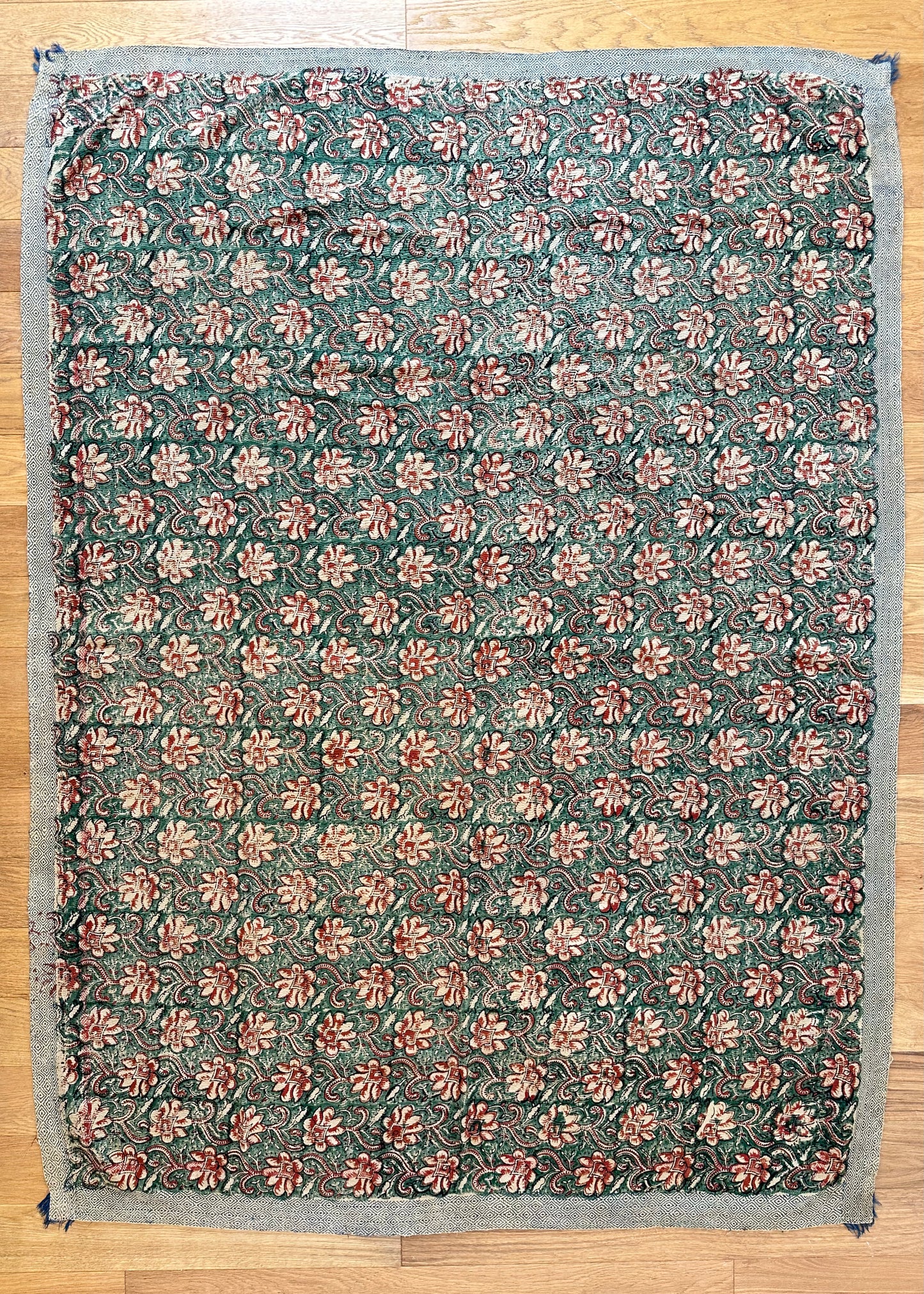 Vintage Indian Kantha Throw Green & Rust Flower Pattern