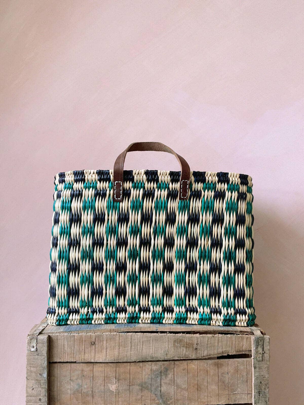 Chequered Reed Basket, Indigo + Green - Assorted