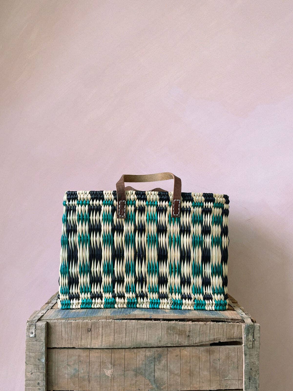 Chequered Reed Basket, Indigo + Green - Assorted