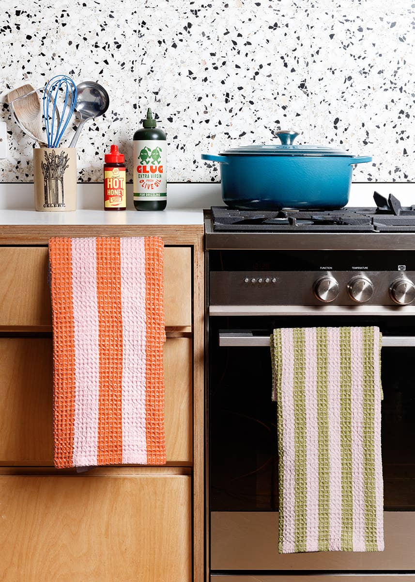 Cotton Waffle Tea Towel 2 Pack: Striped Pink