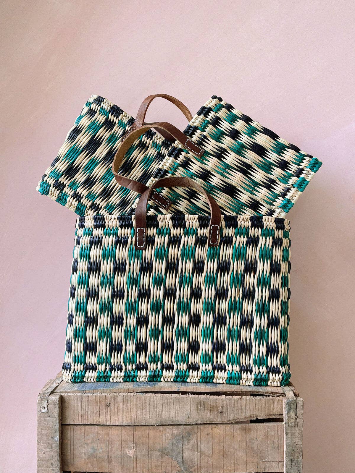 Chequered Reed Basket, Indigo + Green - Assorted