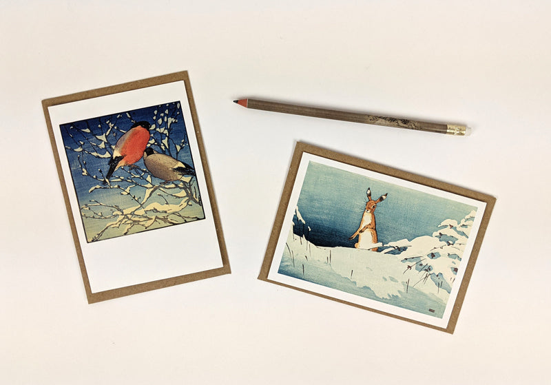 Winter Notecards - Hare in Snow/Bullfinches